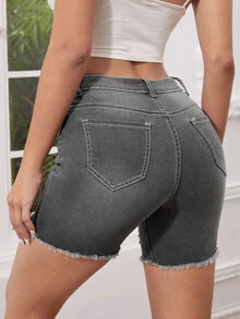 Ripped Raw Hem Denim Shorts - Dark Grey - View 2