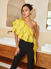 One Shoulder Layered Trim Side Draped Top - Yellow - View 5