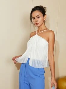 女士纯色褶皱设计露背吊带背心，春夏季时尚