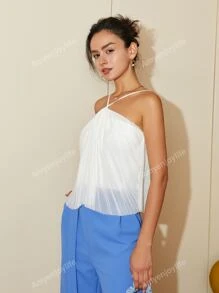Camiseta de tirantes con cuello de halter y diseño plisado de unicolor, fashionable para primavera y verano