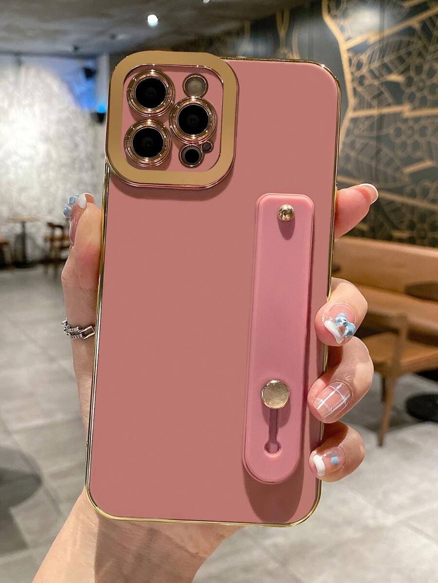 1 PC Chống Sốc Phong Cách Doanh Nhân Thiết Kế Màu Sắc Vỏ Điện Thoại Di Động Có Dây Đeo Cổ Tay Và Mạ Tpu Vỏ Mềm Tương Thích Với Apple Iphone - Hồng - Xem 1