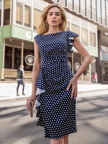 MIUSOL 波點圖案荷葉邊洋裝 - 彩色 - 查看 2