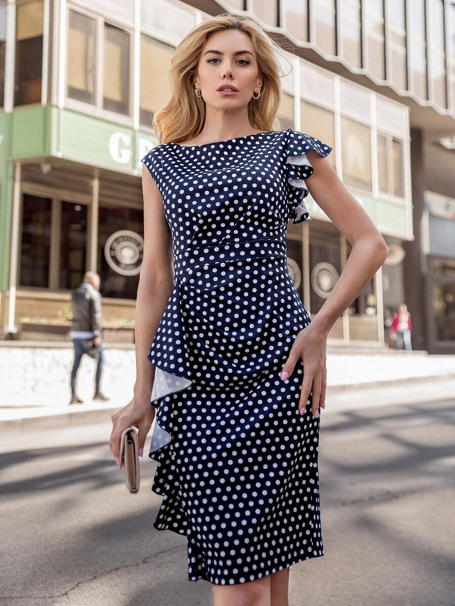 MIUSOL 波點圖案荷葉邊洋裝