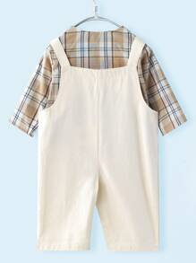 彈簧和秋天男小童格紋襯衫和純顏色牛仔背帶褲2入組/套