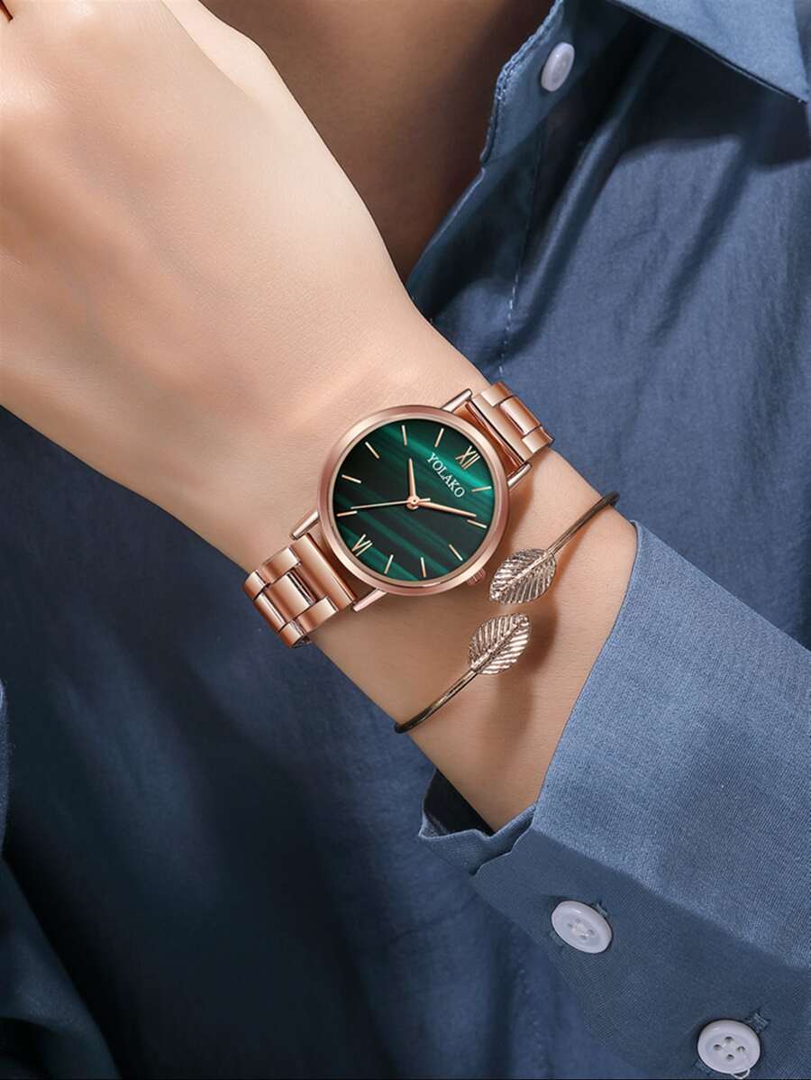 YOLAKO1 chiếc Đồng hồ đeo tay bằng thép thạch anh có quy mô tối giản và phong cách hợp thời trang dành cho nữ Đồng hồ đeo tay bằng thép hợp kim + bộ vòng tay - Hoa hồng vàng - Xem 1