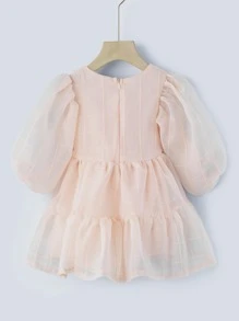 兒童粉色仙女公主裙小女孩泡泡袖透氣泡泡網紗洋裝