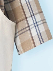 彈簧和秋天男小童格紋襯衫和純顏色牛仔背帶褲2入組/套