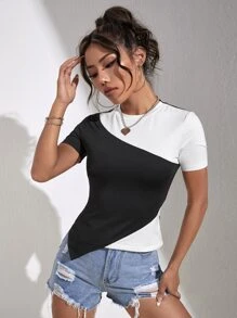 SHEIN Essnce Two Tone Asymmetrical Hem Tee - Black and White - View 4