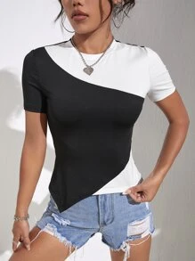 SHEIN Essnce Two Tone Asymmetrical Hem Tee - Black and White - View 5