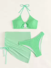 SHEIN Swim 夏日沙灘3入組紋理環連泳衣及沙灘裙 - 薄荷綠 - 查看 3