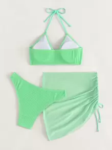 SHEIN Swim 夏日沙灘3入組紋理環連泳衣及沙灘裙 - 薄荷綠 - 查看 4