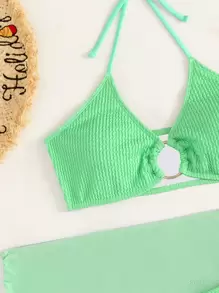 SHEIN Swim 夏日沙灘3入組紋理環連泳衣及沙灘裙 - 薄荷綠 - 查看 7
