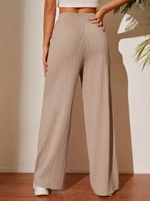 SHEIN PETITE Elastic Waist Wide Leg Trousers - Khaki - View 2