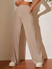 SHEIN PETITE Elastic Waist Wide Leg Trousers - Khaki - View 4