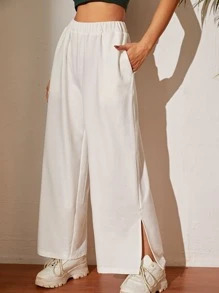 SHEIN PETITE Split Hem Wide Leg Trousers - White - View 1
