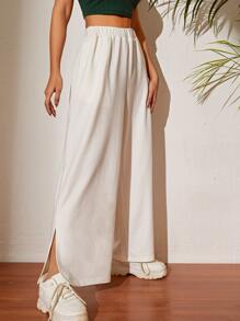 SHEIN PETITE Split Hem Wide Leg Trousers - White - View 4