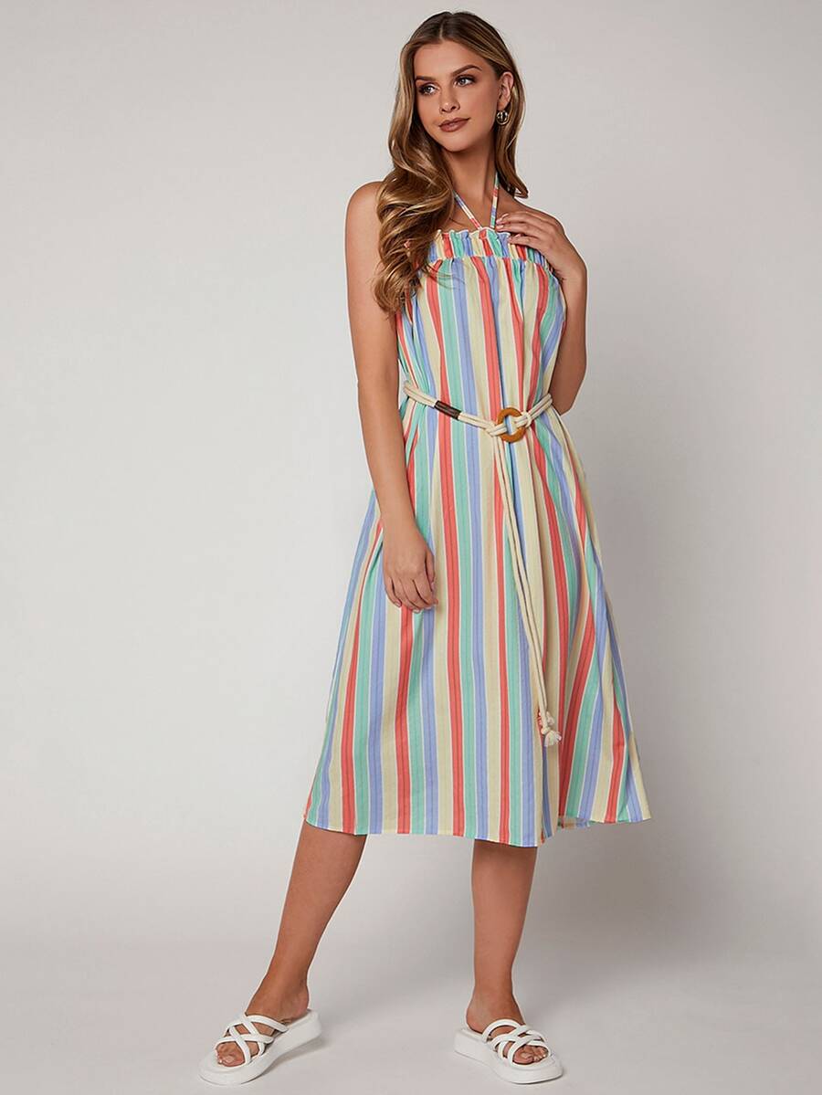 Block Striped Frill Trim Tie Backless Belted Halter Dress - Multicolor - View 1