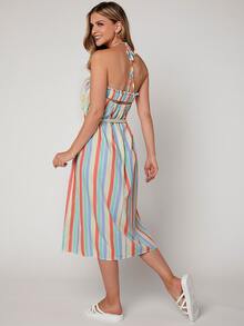 Block Striped Frill Trim Tie Backless Belted Halter Dress - Multicolor - View 2