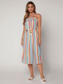 Block Striped Frill Trim Tie Backless Belted Halter Dress - Multicolor - View 4