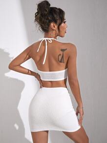 SHEIN ICON con tira cruzada de espalda abierta con cordón Top halter corto & Falda ajustada - Blanco - Ver 2