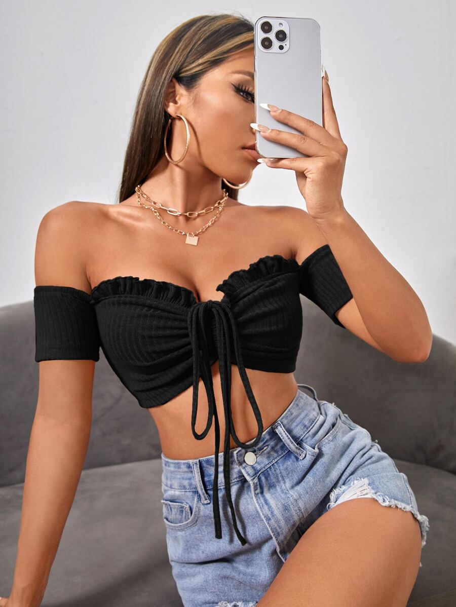 SHEIN PETITE 一字領褶邊前繫帶褶邊上衣 - 黑色 - 查看 1