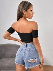 SHEIN PETITE 一字領褶邊前繫帶褶邊上衣 - 黑色 - 查看 2