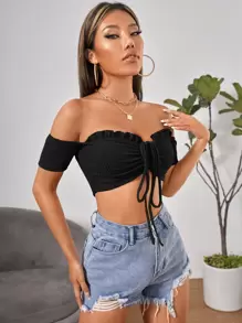 SHEIN PETITE 一字領褶邊前繫帶褶邊上衣 - 黑色 - 查看 6