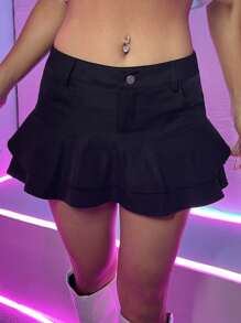 SHEIN ICON 90s Low Rise Ruffle Hem Layered Skirt - Black - View 1