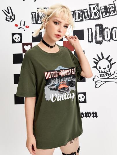 Camiseta oversize unisex con gráfico de letras de coche