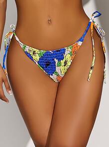 Random Floral Print Smocked Tie Side Bikini Bottom - Multicolor - View 4