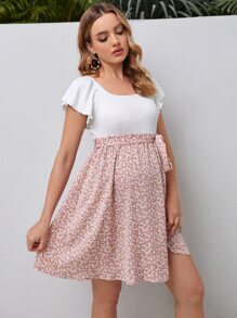 SHEIN Maternity Ditsy Floral Print Butterfly Sleeve Belted Dress - Multicolor - View 3