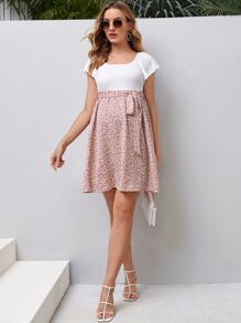 SHEIN Maternity Ditsy Floral Print Butterfly Sleeve Belted Dress - Multicolor - View 4