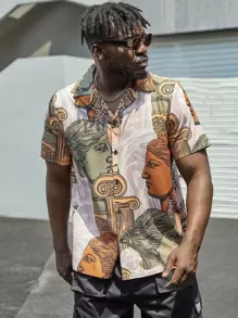 Manfinity Men Plus Random Figure Graphic Lapel Collar Shirt - Multicolor - View 1