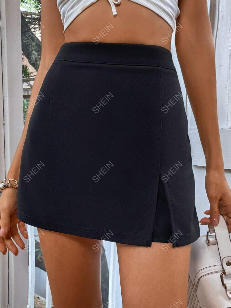 SHEIN Frenchy Falda pantalón negra de cintura alta con abertura lateral