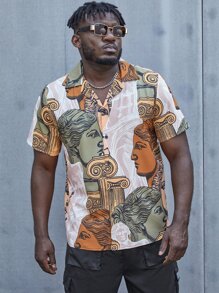 Manfinity Men Plus Random Figure Graphic Lapel Collar Shirt - Multicolor - View 3