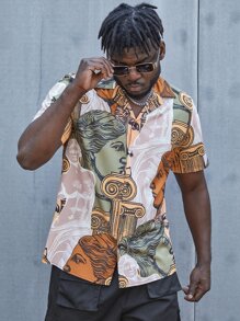 Manfinity Men Plus Random Figure Graphic Lapel Collar Shirt - Multicolor - View 7