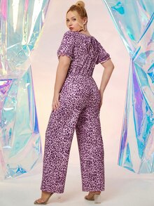 Plus Leopard Print Puff Sleeve Ruched Jumpsuit - Dusty Pink - View 2