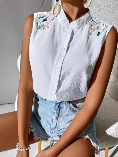 Chiquease 女式前扣花卉刺绣无袖衬衫，休闲日常穿着