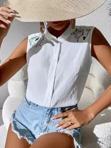 Chiquease Women's Front Button Floral Embroidered Sleeveless Shirt, Casual Daily Wear - White - View 4