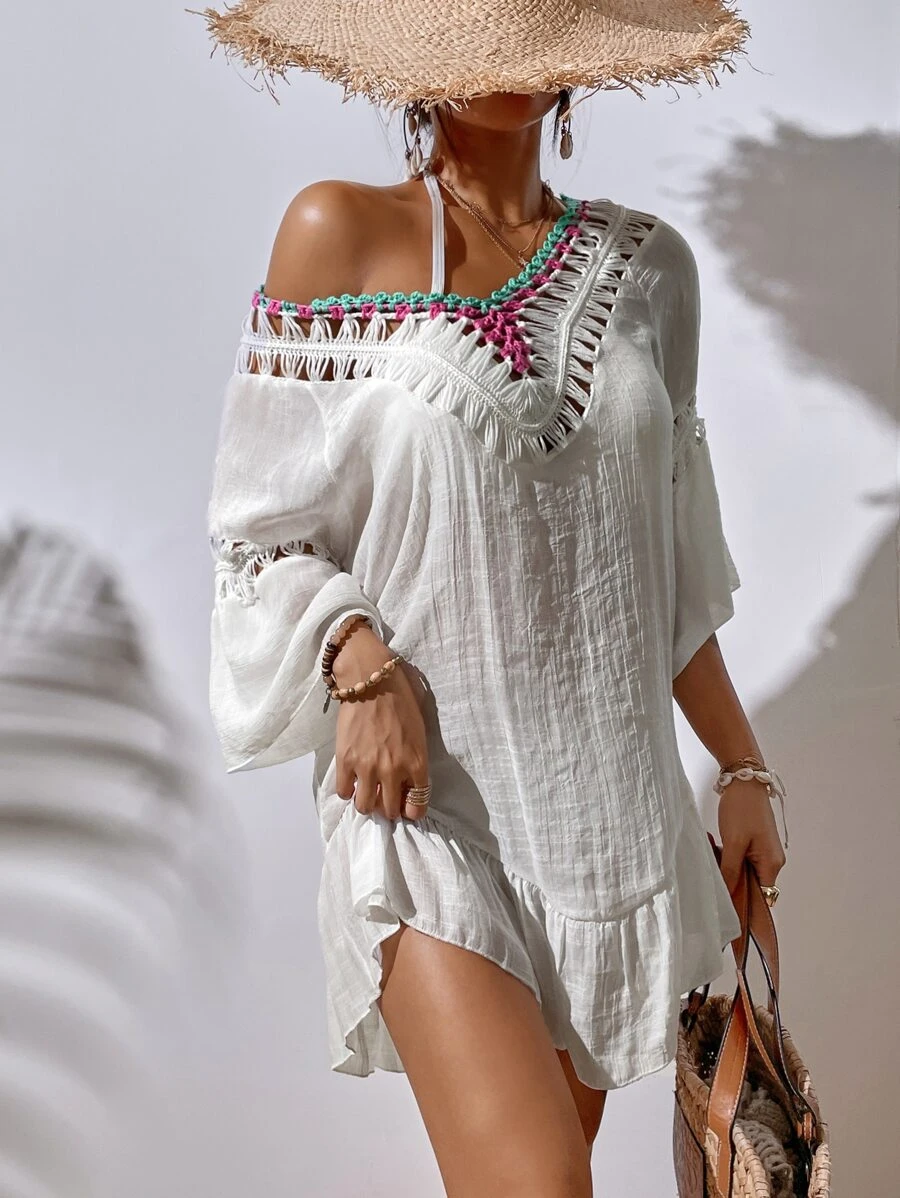 SHEIN VCAY Backless Knot Ruffle Hem Cover Up Dress Without Bikini Set For Summer Beach Vacation - White - View 1