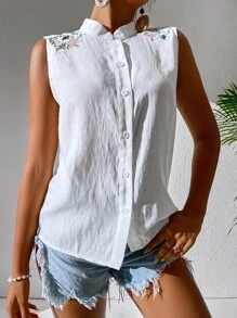 Chiquease Women's Front Button Floral Embroidered Sleeveless Shirt, Casual Daily Wear - White - View 6