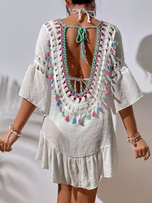 SHEIN VCAY Backless Knot Ruffle Hem Cover Up Dress Without Bikini Set For Summer Beach Vacation - White - View 2