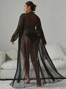 SHEIN Swim Curve Summer Beach Plus Knot Front Sheer Kimono - Black - View 2