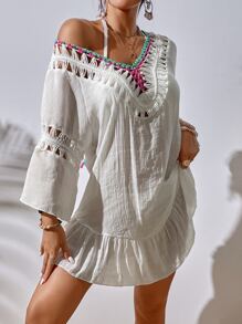 SHEIN VCAY Backless Knot Ruffle Hem Cover Up Dress Without Bikini Set For Summer Beach Vacation - White - View 5