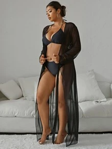 SHEIN Swim Curve Summer Beach Plus Knot Front Sheer Kimono - Black - View 3
