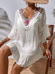 SHEIN VCAY Backless Knot Ruffle Hem Cover Up Dress Without Bikini Set For Summer Beach Vacation - White - View 6