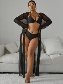 SHEIN Swim Curve Summer Beach Plus Knot Front Sheer Kimono - Black - View 4