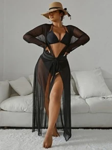 SHEIN Swim Curve Summer Beach Plus Knot Front Sheer Kimono - Black - View 6