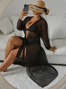 SHEIN Swim Curve Summer Beach Plus Knot Front Sheer Kimono - Black - View 7