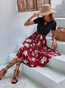 SHEIN LUNE 印花鎖眼領繫腰帶連衣裙 - 酒紅色 - 查看 5